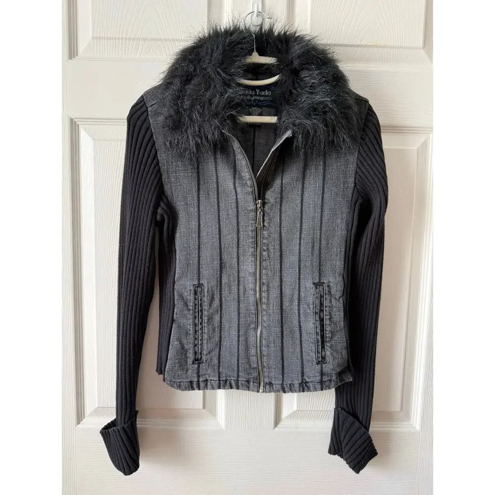 Yada Yada Y2K Faux Fur Trim Jacket Gray Black Jrs L Indie Sleaze McBling Moto